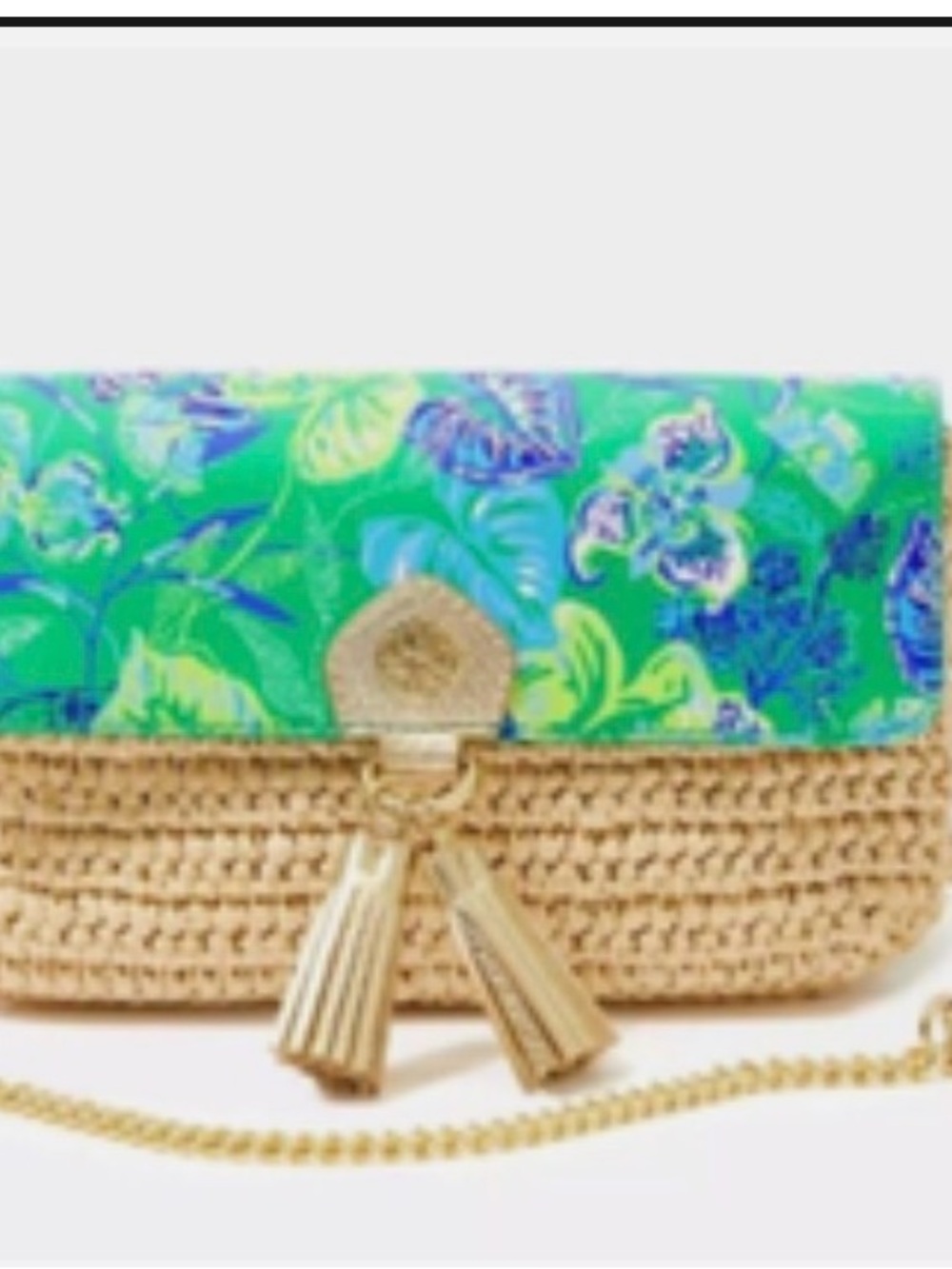 New Lilly Pulitzer Green Floral Straw Clutch/Crossbody with Gold Tassel